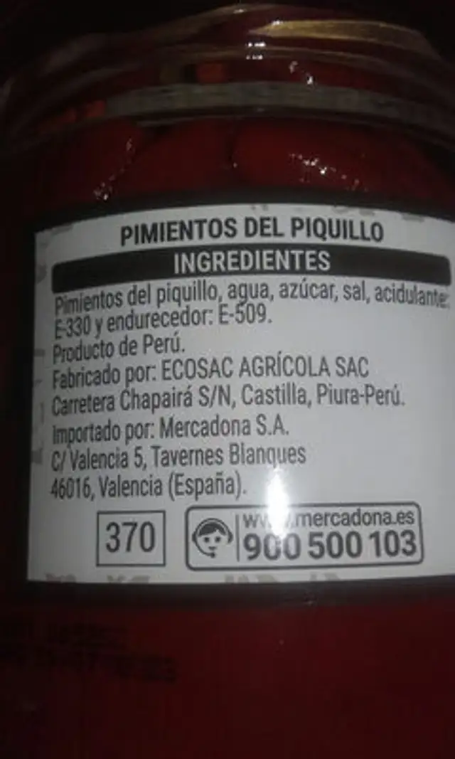 Pimientos del Piquillo ingredients label