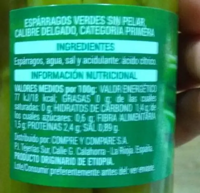 Espárragos trigueros nutrition facts table