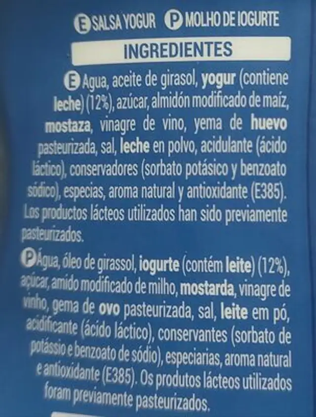 Salsa De yogurt ingredients label