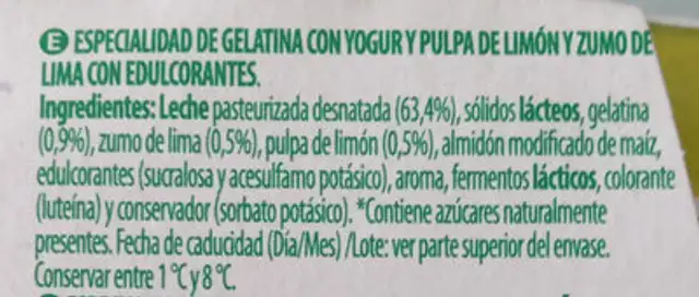 Gelatina de yogur 0% lima-limón ingredients label