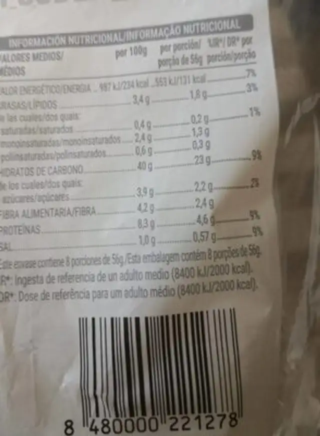 Gruesa sin corteza nutrition facts table