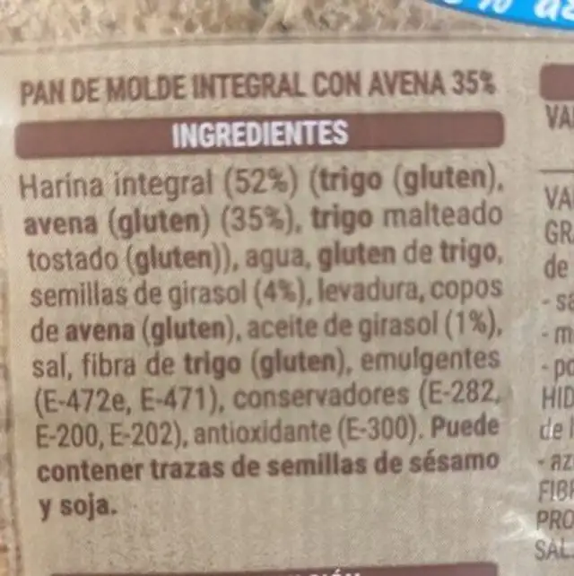 Trigo espelta 100% integral ingredients label
