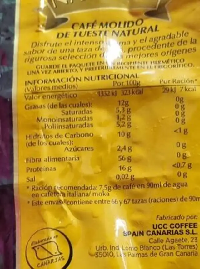 Café Natural nutrition facts table