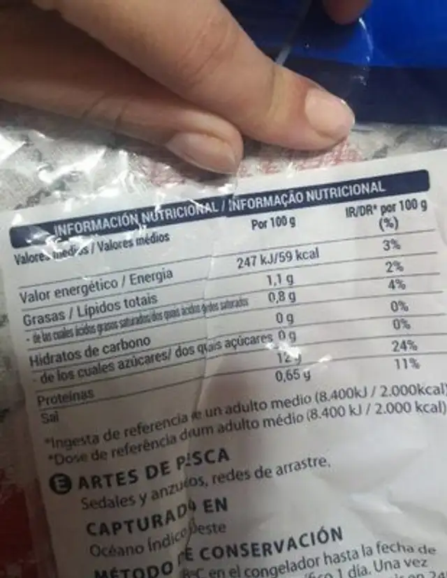 Calamar entero nutrition facts table