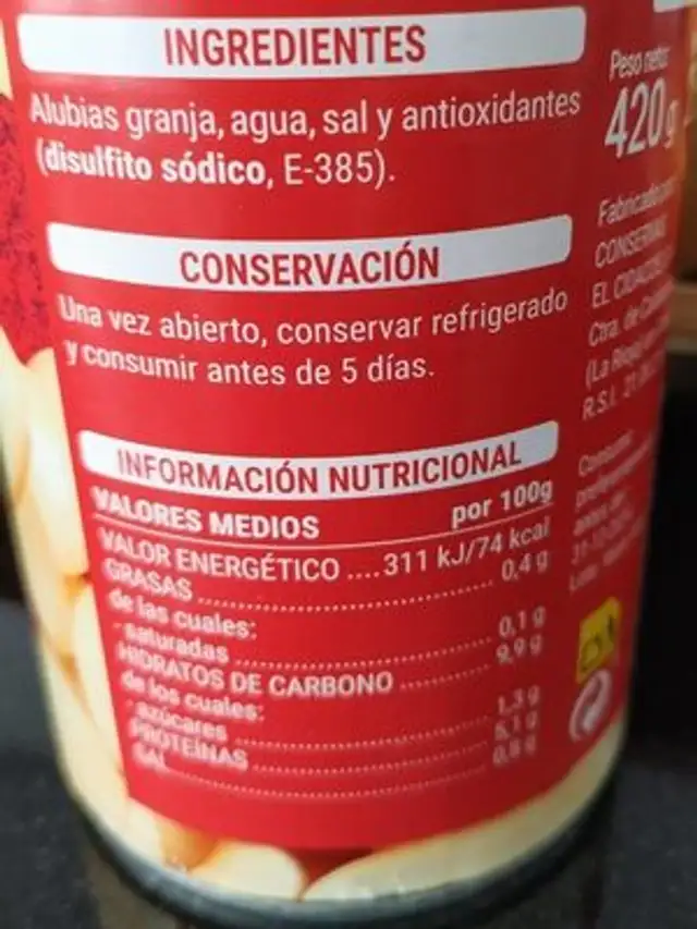 Alubia Granja nutrition facts table
