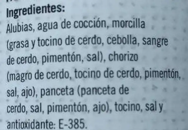 Fabada ingredients label