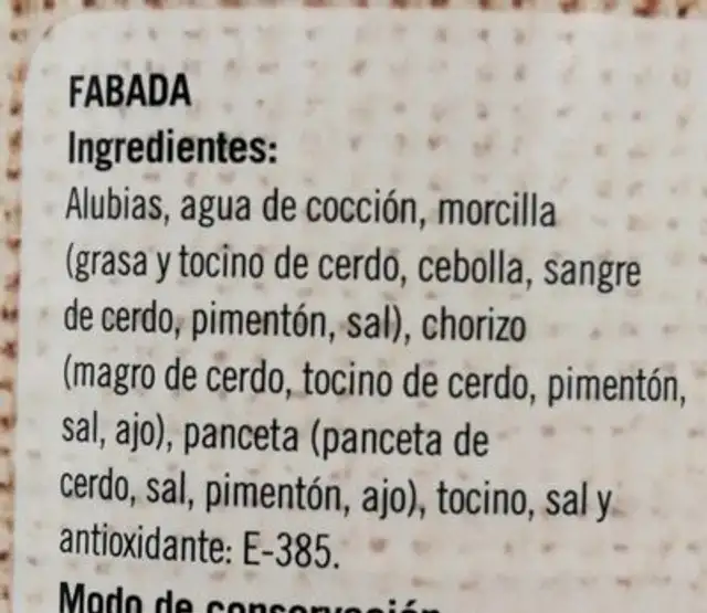 Fabada ingredients label