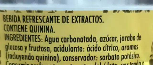 Tónica ingredients label