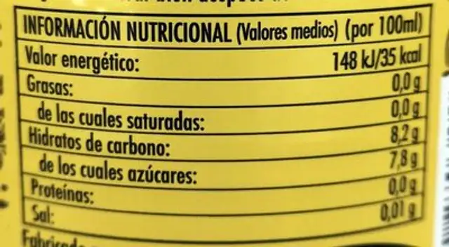 Tónica nutrition facts table