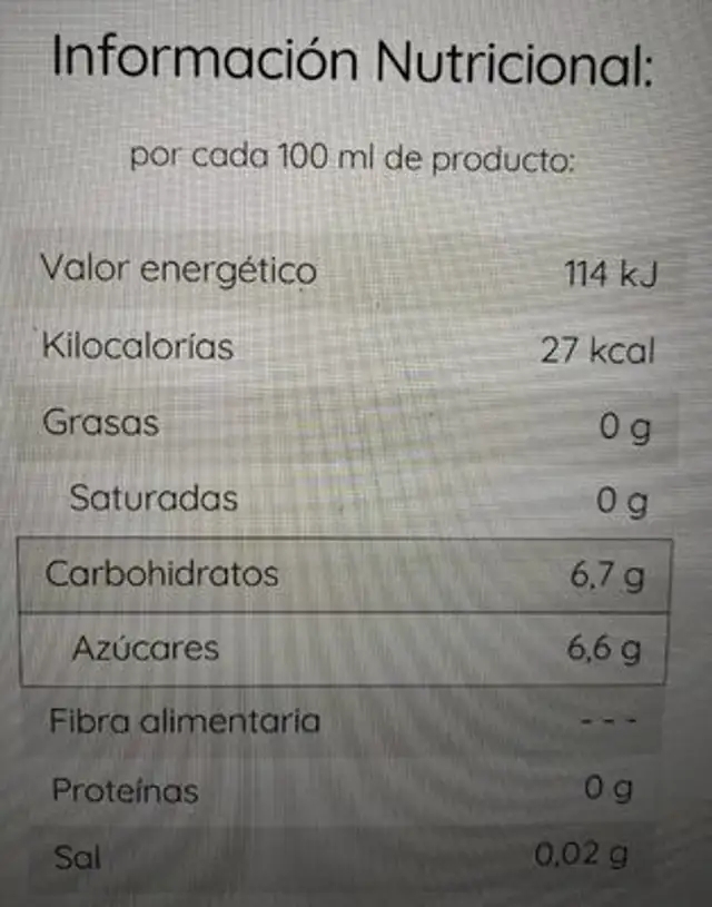 Cola Stevia nutrition facts table