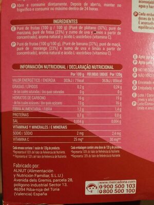 Fresa y plátano 100% fruta nutrition facts table