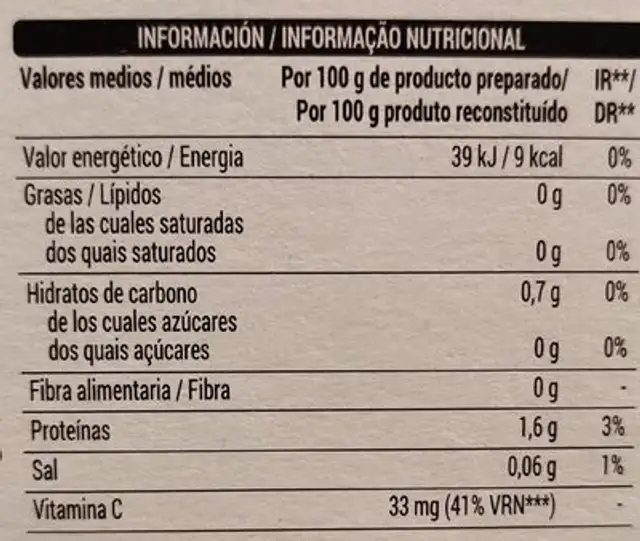 Gelatina fresa 0% azúcares nutrition facts table