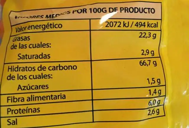 Garfitos nutrition facts table