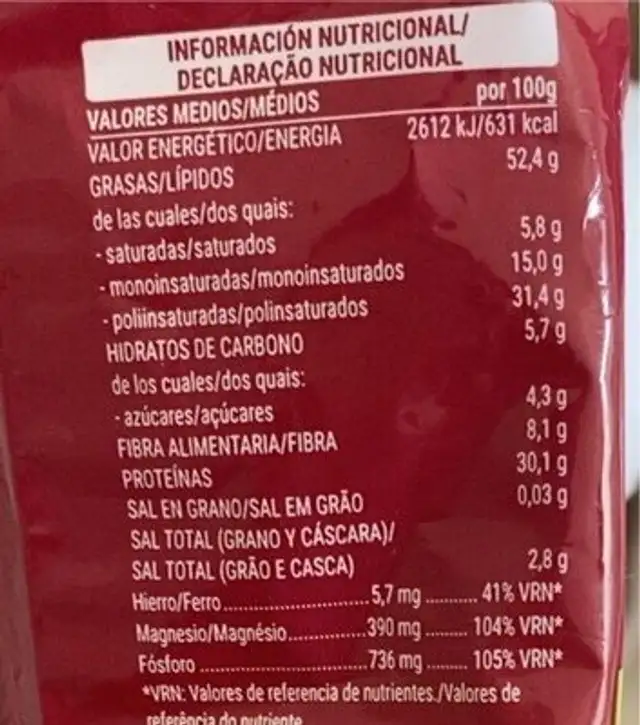 Pipa tostada gigante agua/sal nutrition facts table