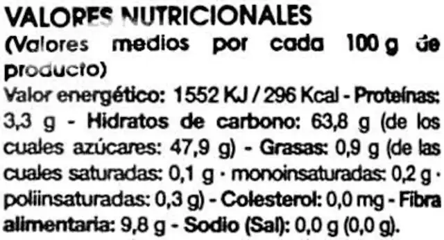 Higos secos nutrition facts table