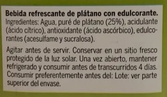 Zumo de plátano sin azucares ingredients label