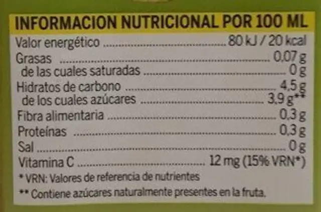 Zumo de plátano sin azucares nutrition facts table