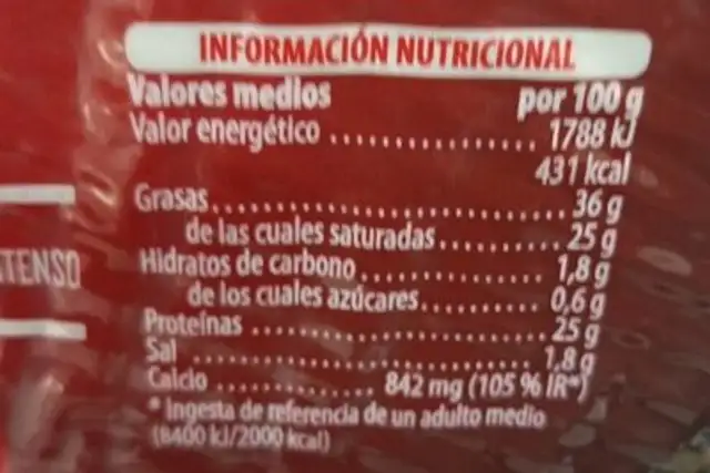 Queso curado nutrition facts table