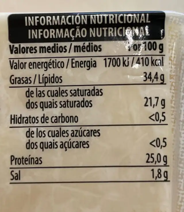 Cheddar curado nutrition facts table