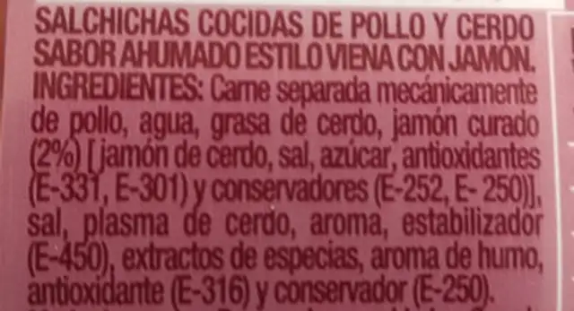Salchichas estilo viena con jamón ingredients label