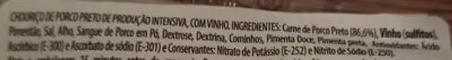 Chouriço ingredients label