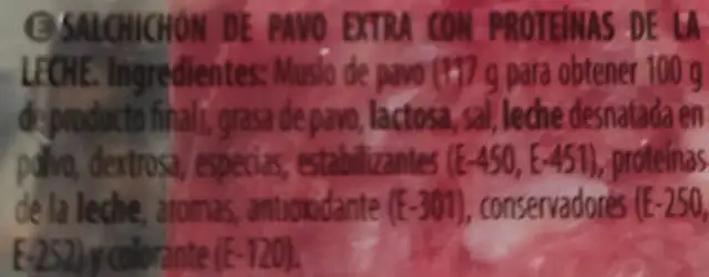 Salchichón de pavo ingredients label