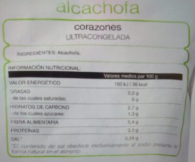 Corazones de alcachofa congelados nutrition facts table