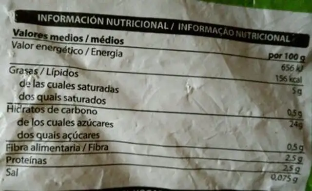 Patatas corte fino nutrition facts table