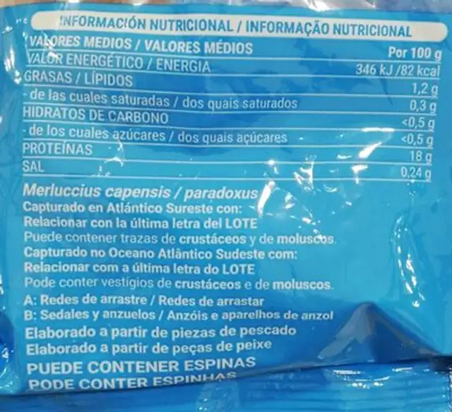 Merluza del cabo sin piel nutrition facts table