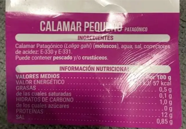 Calamar pequeño patagonico nutrition facts table