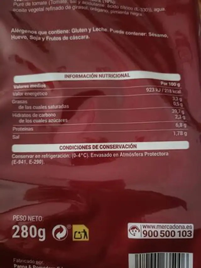 Base pizza artesanal nutrition facts table