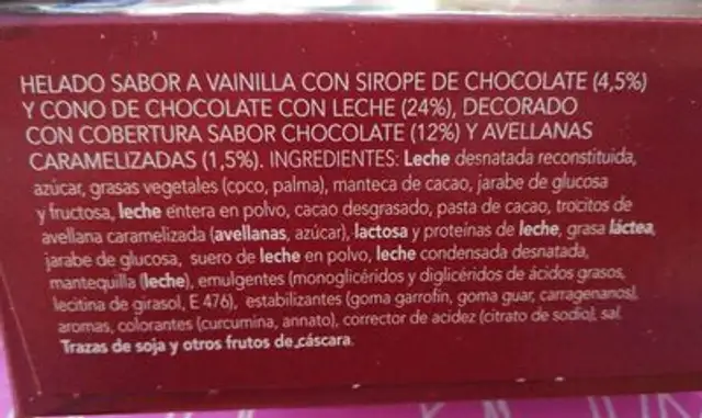Helado corazón de chocolate ingredients label
