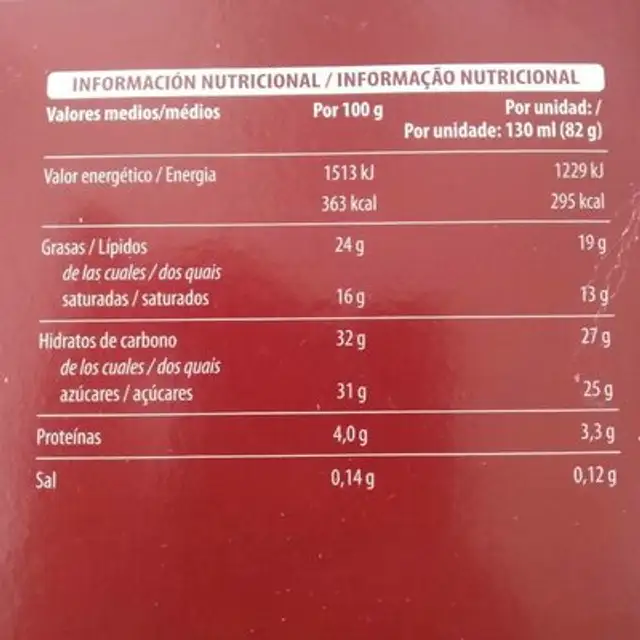 Helado corazón de chocolate nutrition facts table