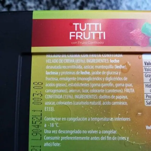 Helado Tutti Frutti ingredients label