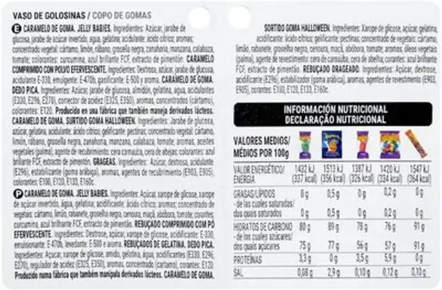 Vaso de golosinas Halloween Hacendado ingredients label