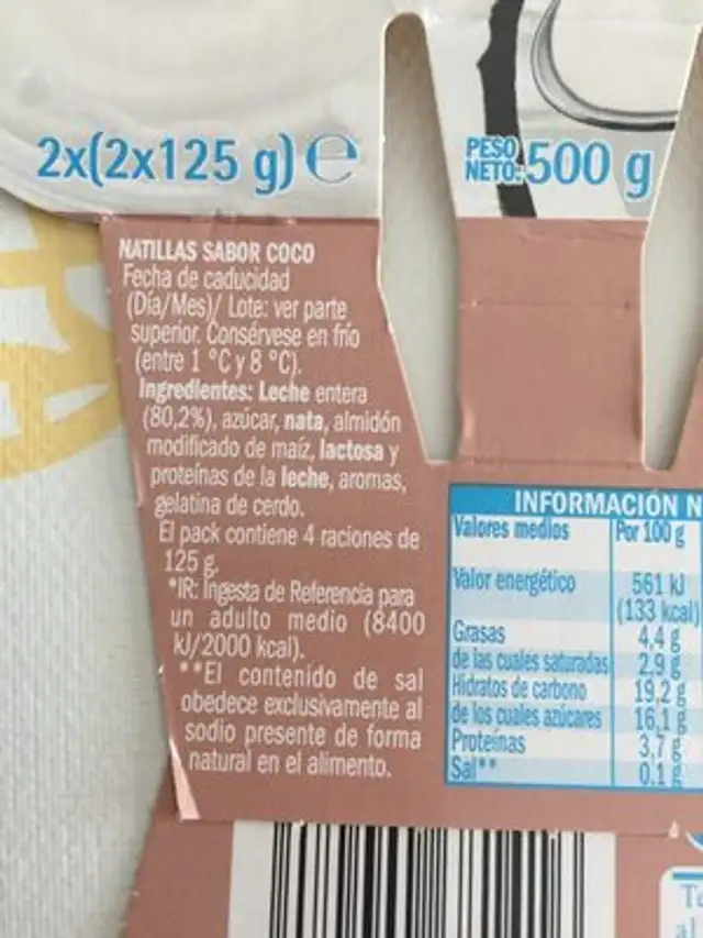 Natillas sabor coco ingredients label