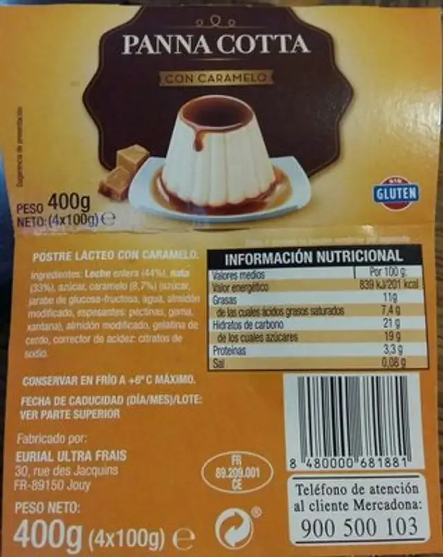 Pannacotta caramelo ingredients label