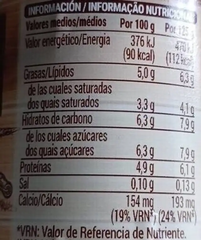 Cuajada nutrition facts table