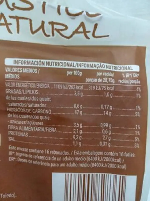 Pan de molde rústico natural nutrition facts table
