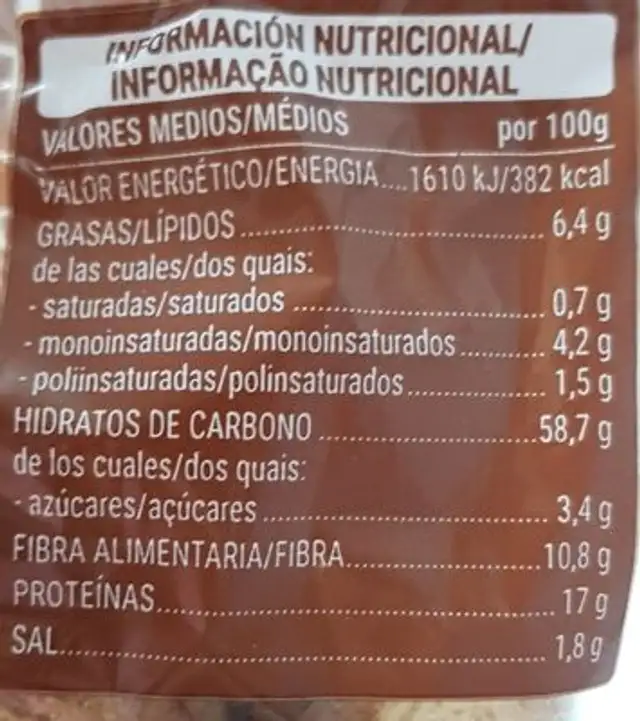 Pan integral 100%espelta nutrition facts table