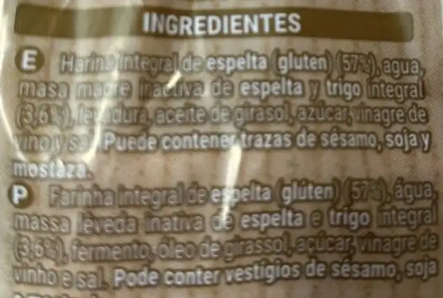 Trigo Espelta 100% Integral ingredients label