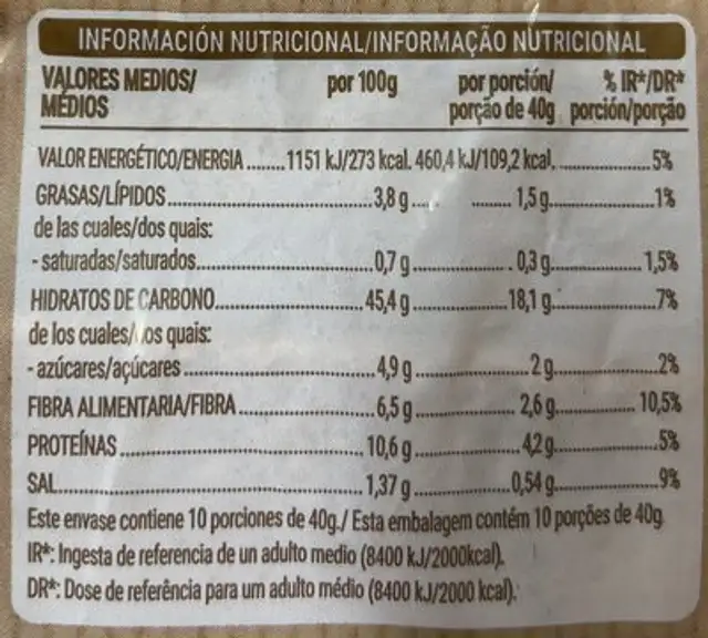 Trigo Espelta 100% Integral nutrition facts table
