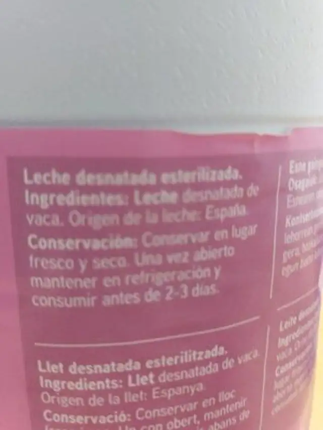 Leche desnatada ingredients label