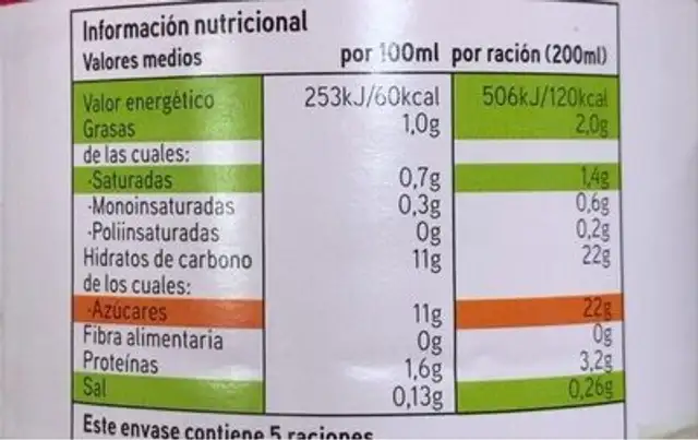 Batido sabor fresa nutrition facts table