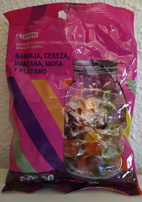 Caramelos de sabores naranja, cereza, manzana, mora y plátano