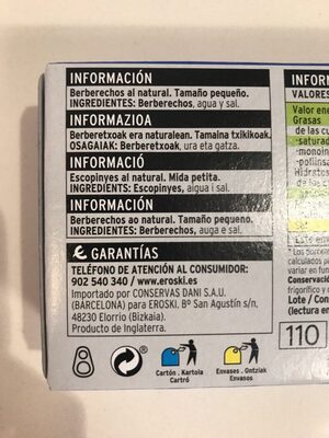 Berberechos al natural ingredients label