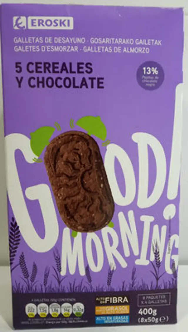 Galletas de desayuno 5 cereales y chocolate front packaging