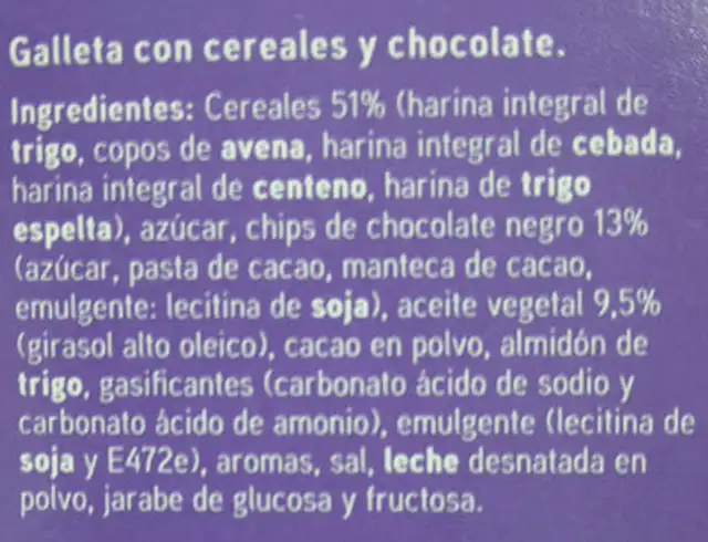 Galletas de desayuno 5 cereales y chocolate ingredients label
