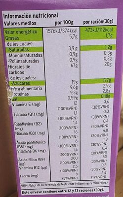 Copos con trigo integral fibra y fruta nutrition facts table