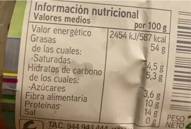 Almendras Crudas nutrition facts table